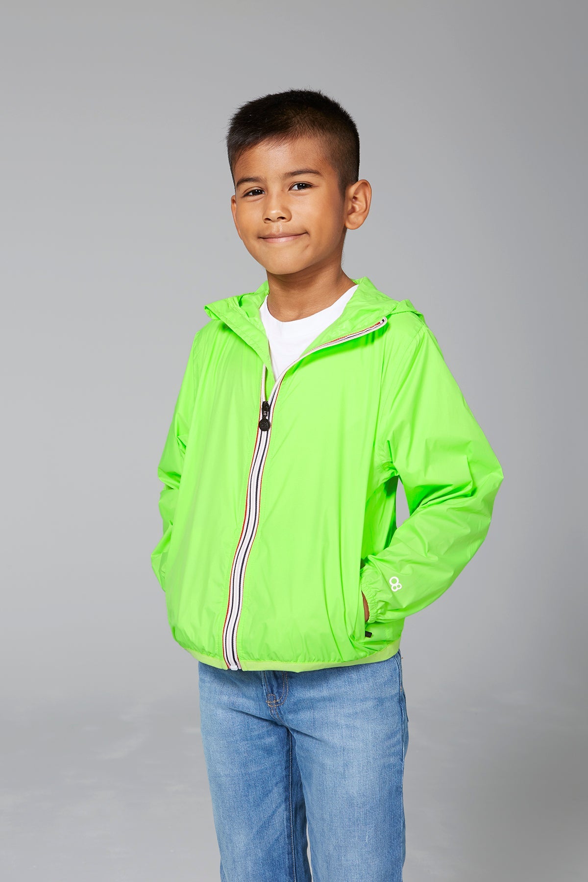 Kids green fluo full zip packable rain jacket and windbreaker - O8Lifestyle