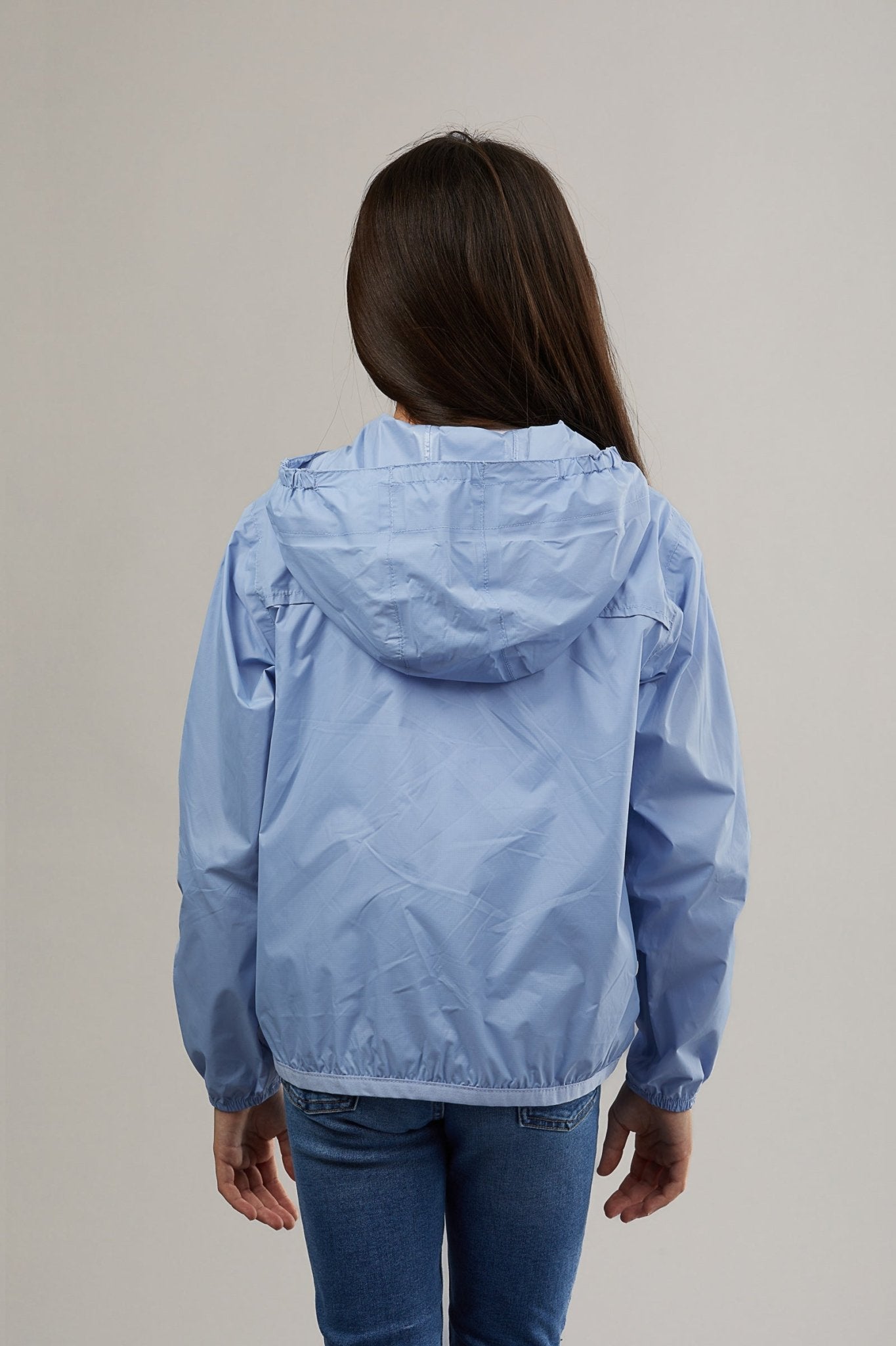Kids powder blue full zip packable rain jacket and windbreaker - O8Lifestyle