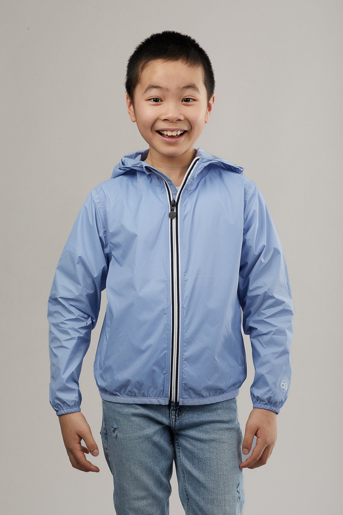 Kids powder blue full zip packable rain jacket and windbreaker - O8Lifestyle