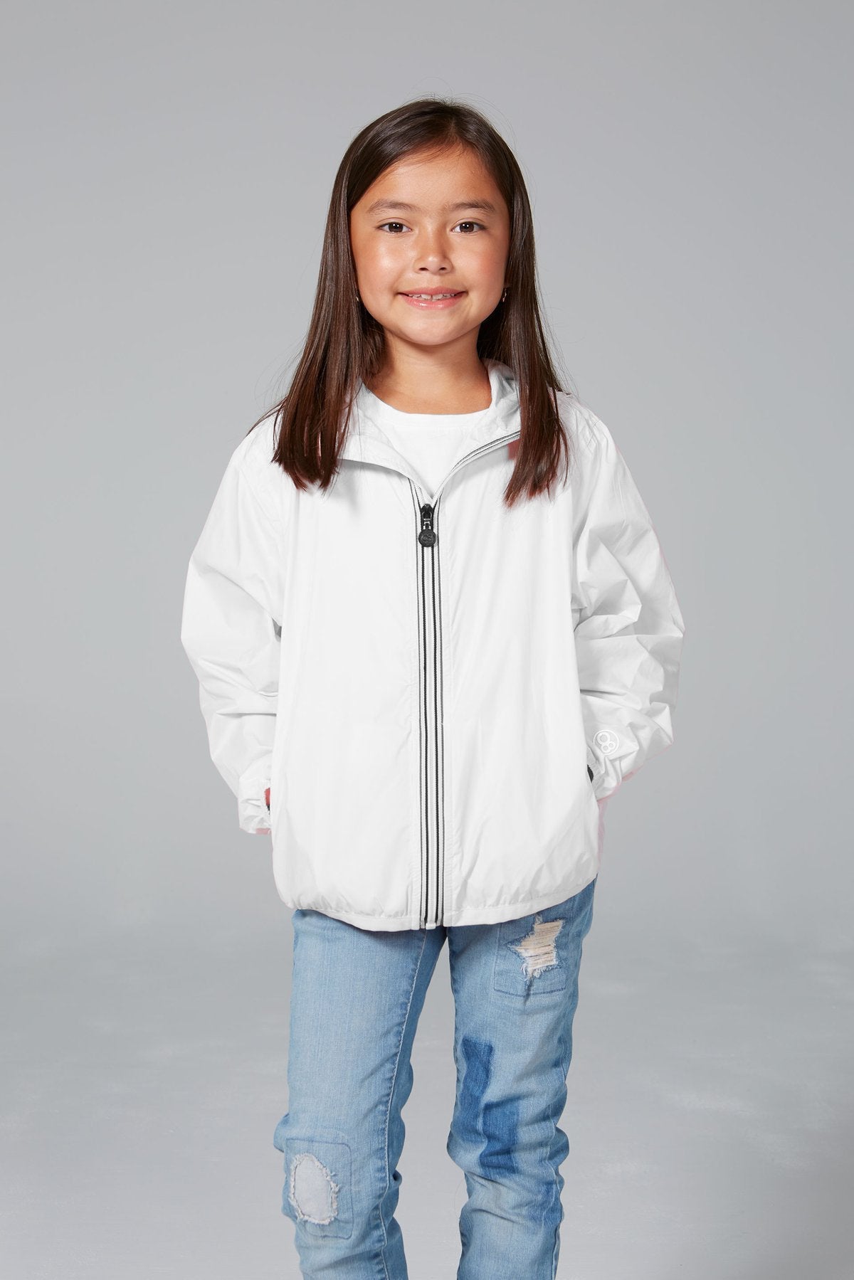 Kids white full zip packable rain jacket and windbreaker - O8Lifestyle