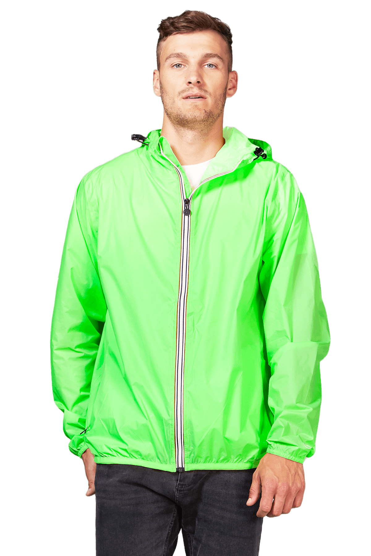 Green fluo full zip packable rain jacket and windbreaker - O8Lifestyle