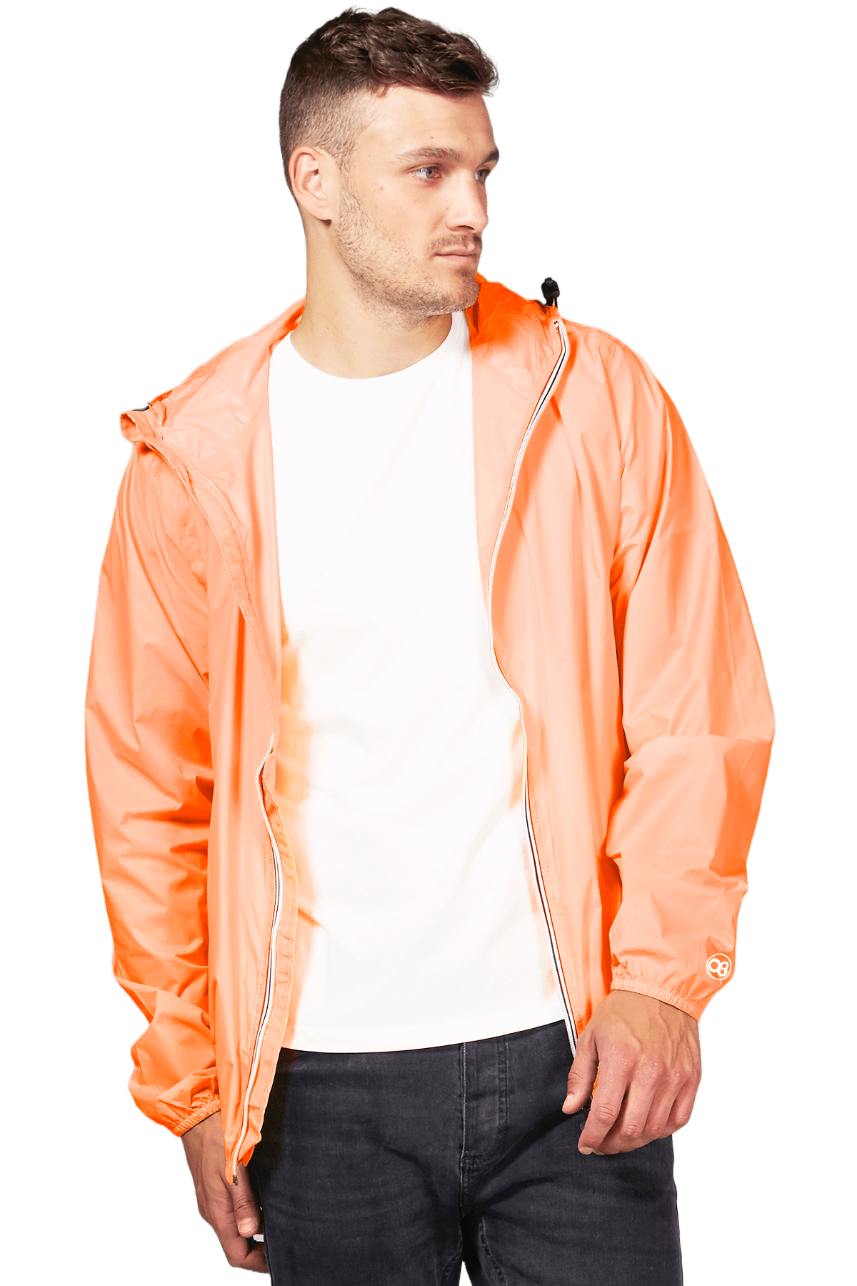 Orange fluo full zip packable rain jacket and windbreaker - O8Lifestyle