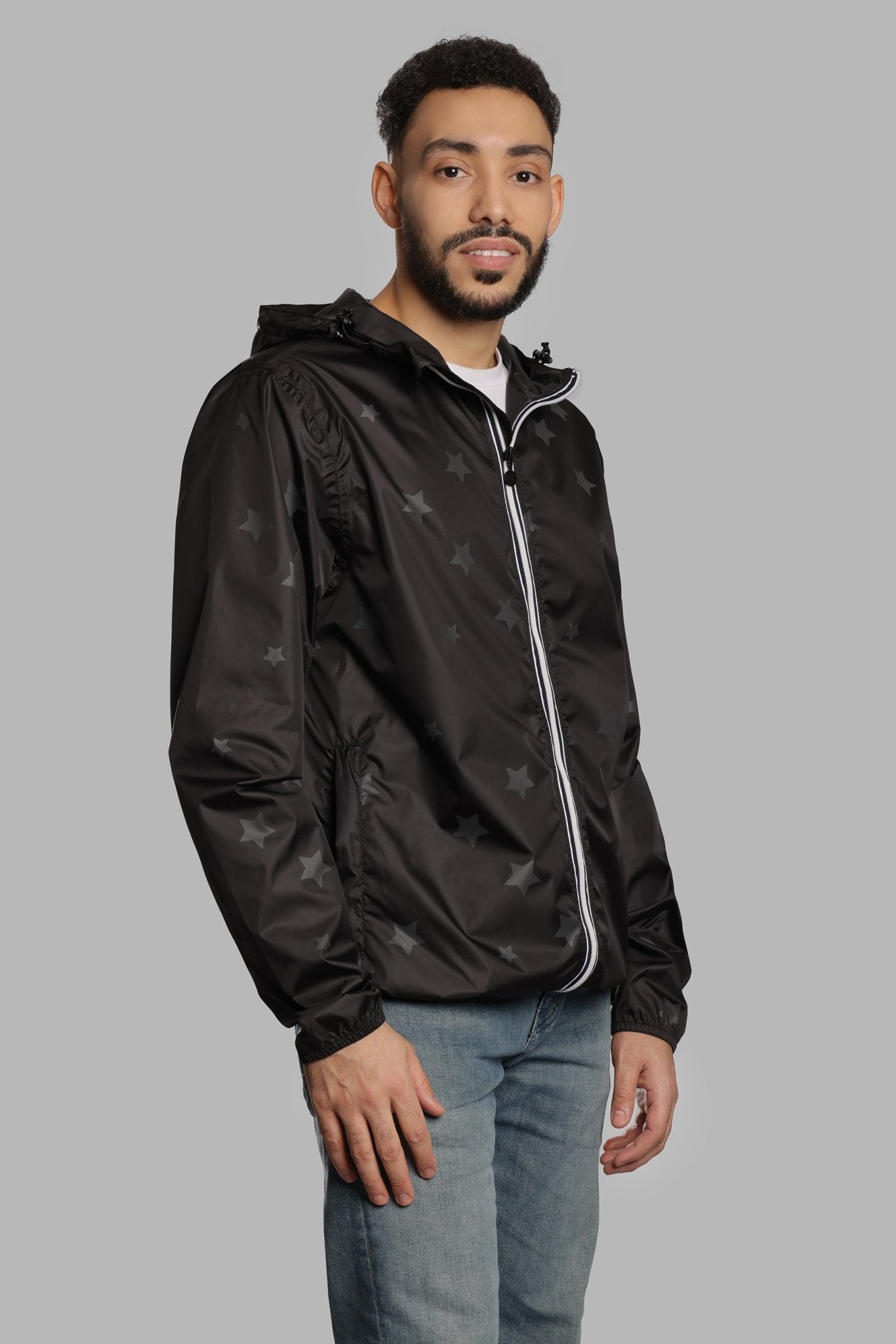 Men gloss stars black full zip packable rain jacket - O8Lifestyle