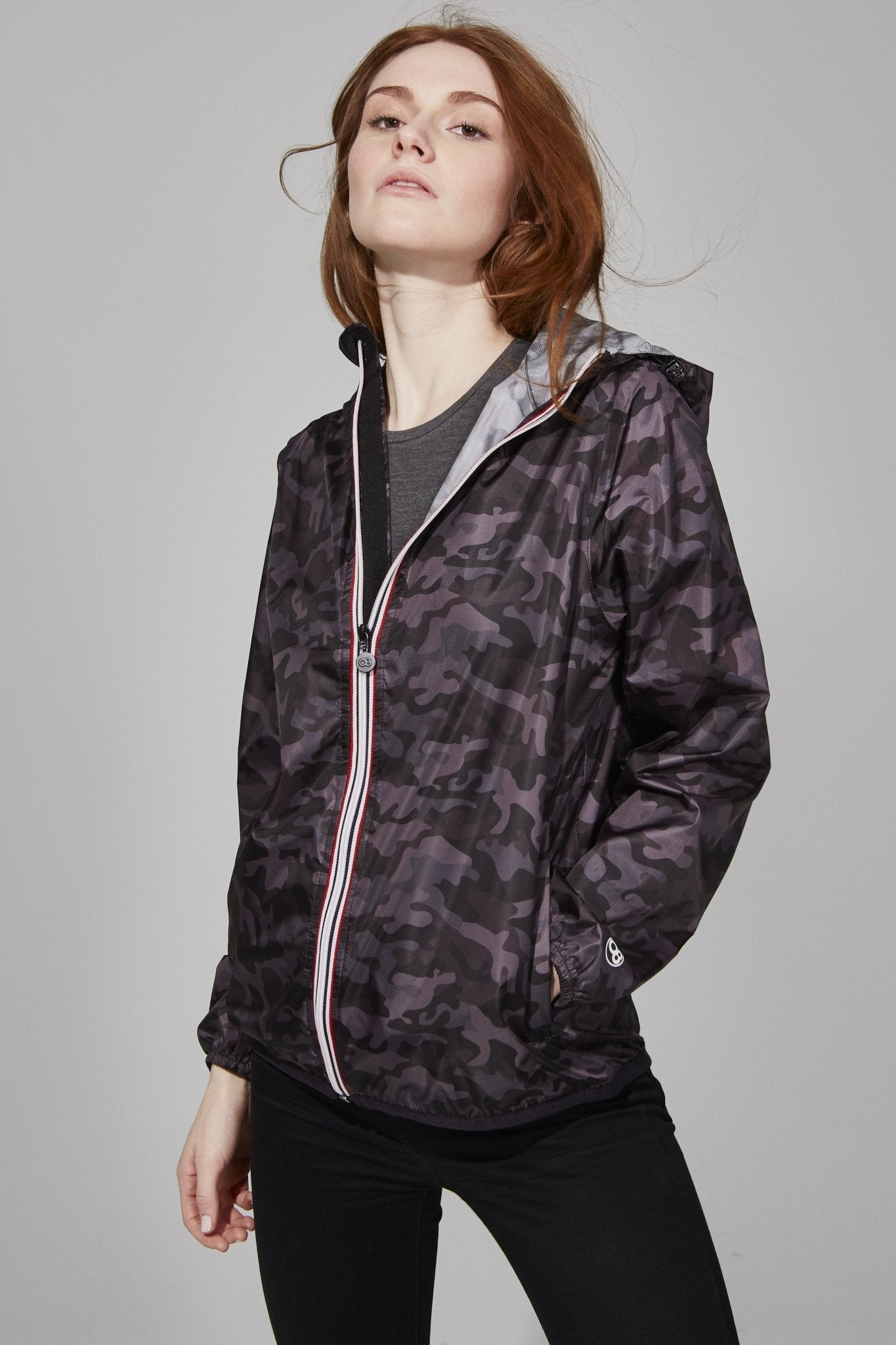 Women's black Camo Full Zip Packable Rain Jacket and windbreaker - O8Lifestyle