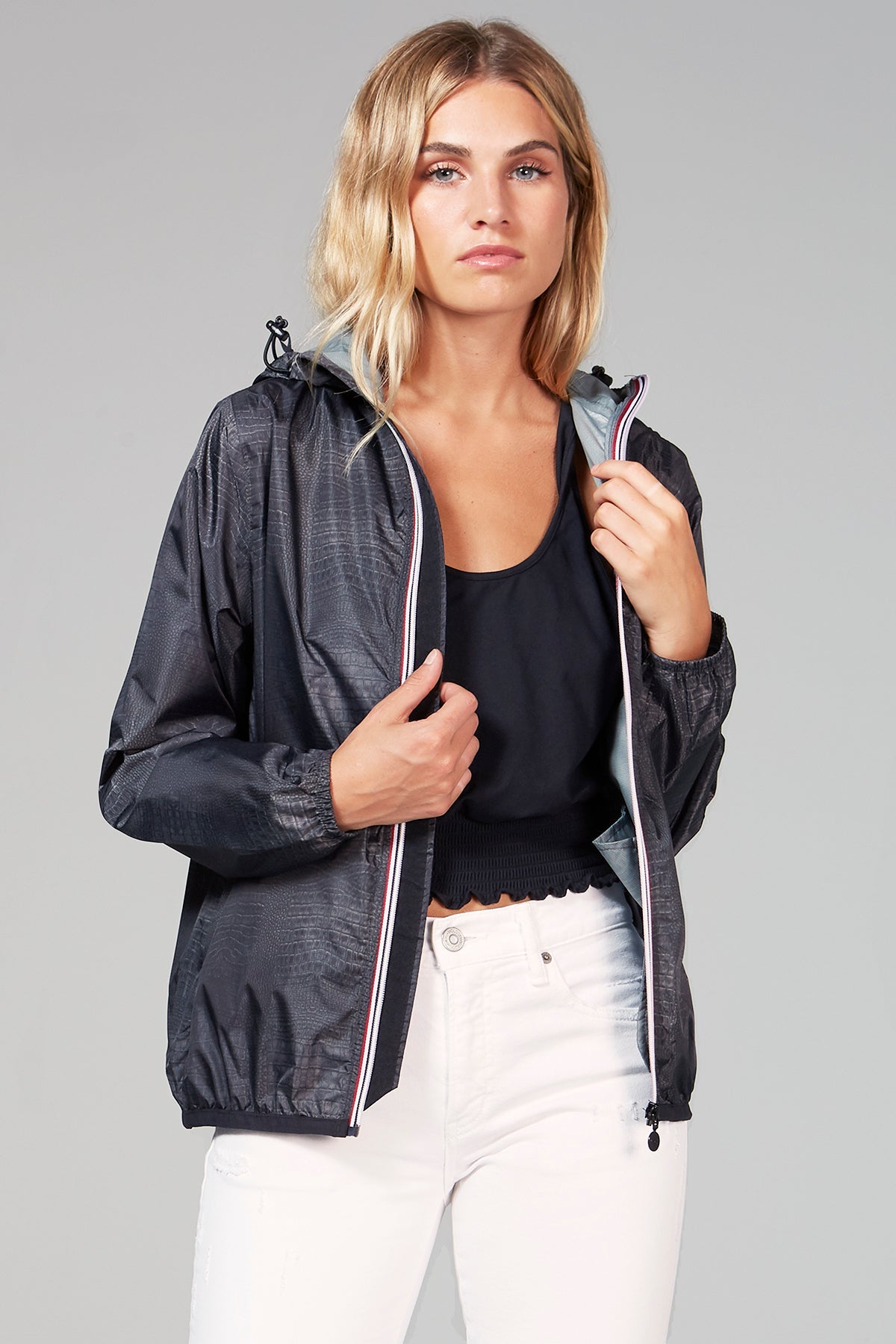 Women's black crocodile full zip packable rain jacket and windbreaker - O8Lifestyle