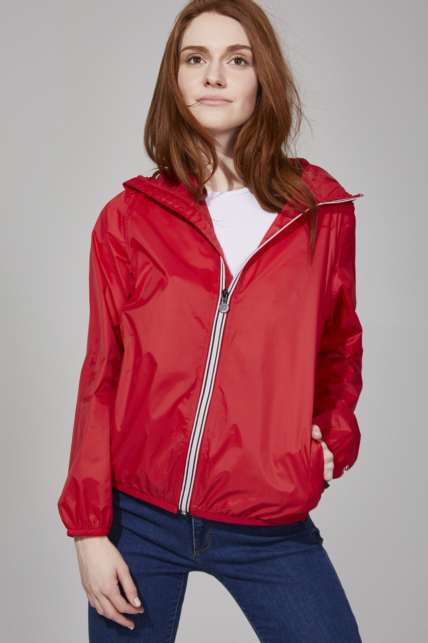 Women's Red full zip packable rain jacket and windbreaker - O8Lifestyle