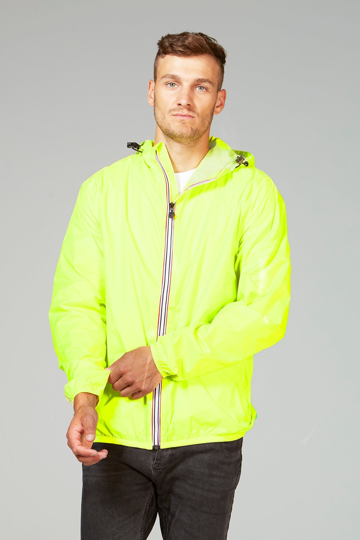 Yellow fluo full zip packable rain jacket and windbreaker - O8Lifestyle